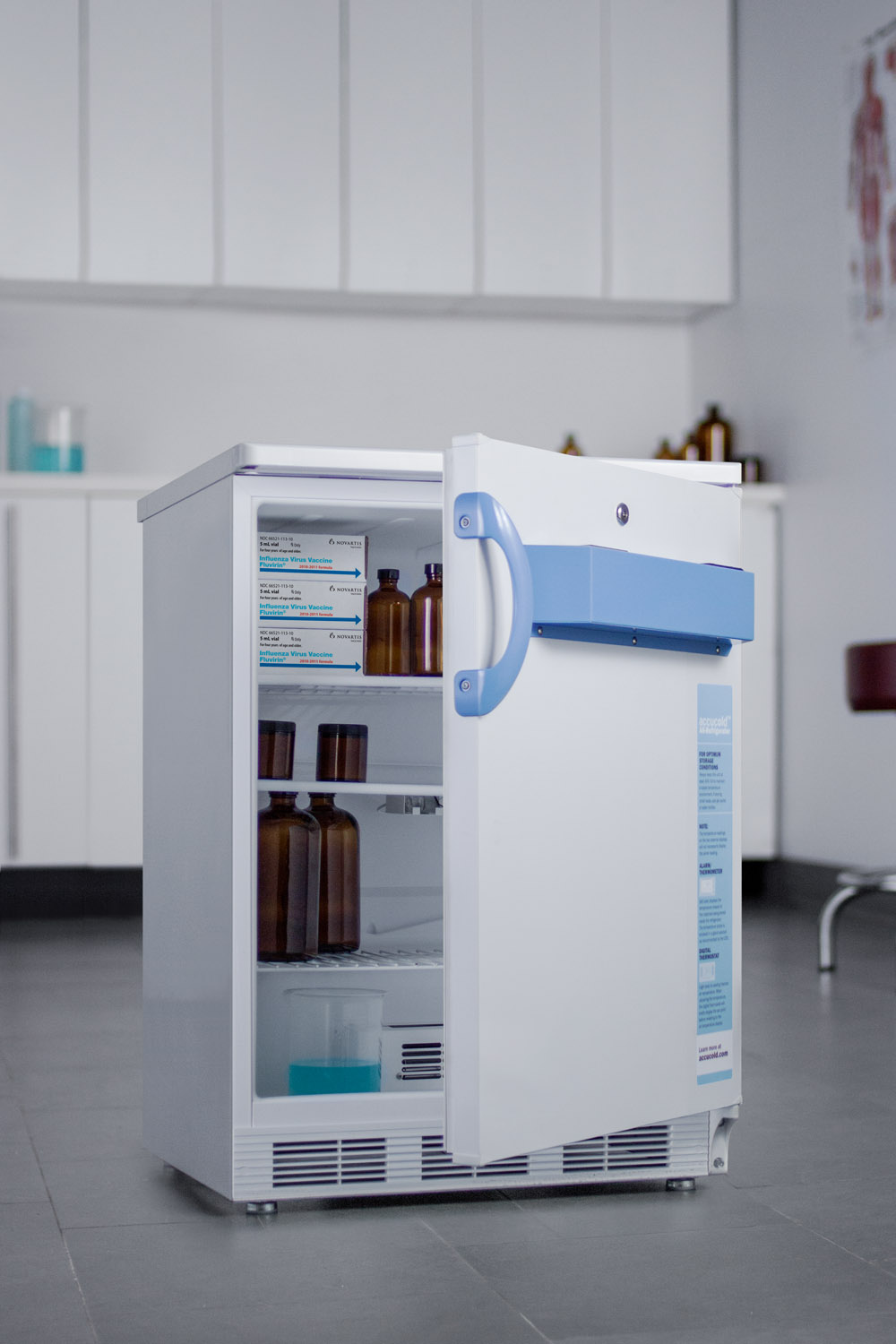 Built-in undercounter auto defrost medical/scientific all-refrigerator with front control panel equipped with a digital thermostat and NIST calibrated thermometer/alarm; includes front lock, hospital grade cord, and internal fan